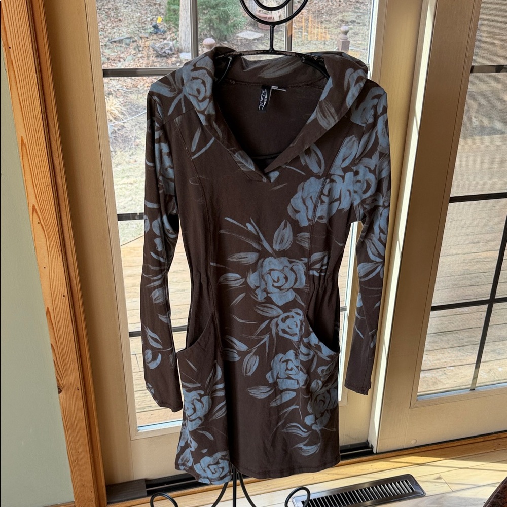 Winter Sun Bohemian LS Hooded Floral Sz M Dress in Brown and Light Blue w Pocket
